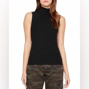 SANCTUARY Ribbed Mock Neck Top Medium Black Sleeveless Knit Fitted Tan